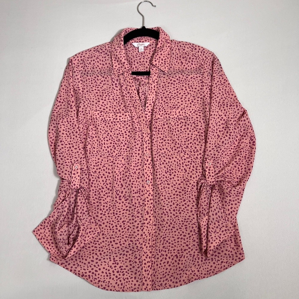 Candie's Button Up Shirt Womens Small Pink Cheetah Animal Print Roll Tab Sleeve